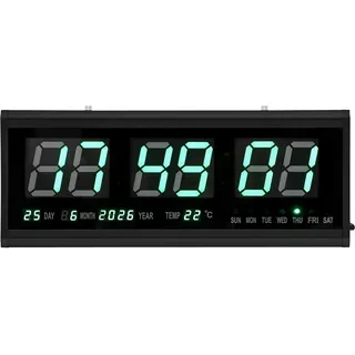 FROPIJ Digitale Wanduhr, Wanduhren LED Wanduhr Digital Grün Leuchtend mit Temperaturanzeige Datum & Tag, Wandmontiert Digital Uhr für Schlafzimmer Cafés & Bars (480 x 190 mm)