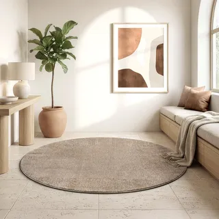 SANAT Kurzflor Teppich Wohnzimmer - Uni Modern Teppiche fürs Schlafzimmer, Arbeitszimmer, Büro, Flur, Kinderzimmer und Küche - Beige, 150 cm Rund