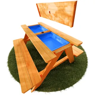 FRIEDO - 2in1 Kindersitzgruppe mit Matschtisch aus lackiertem Holz - Matschküche & Wasserspieltisch für den Garten - Gem. deutscher Standards geprüfte Kinder Gartenmöbel - Für Outdoor & Indoor Nutzung