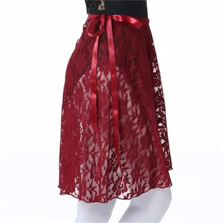 MTKSFDC Spitzenschuhe Ballett Ballettrock aus Spitze, for Damen, for Binden, einteiliger Rock, elastischer Gürtel, vorne kurz, hinten lang, Chiffon, for Erwachsene, Lyrikrock(Red Wine)