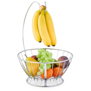 relaxdays Obstschale Obstkorb mit Bananenhalter, Eisen, Silber silberfarben