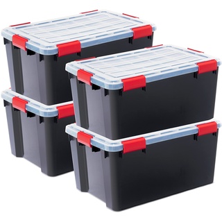 Iris Ohyama, Wasserdichte Aufbewahrungsboxen aus Kunststoff mit 50-Liter-Deckel, 4er-Set, BPA-frei, DDAT-L, Schwarz, stapelbar, Verschlussclips – B59 x T39 x H29 cm
