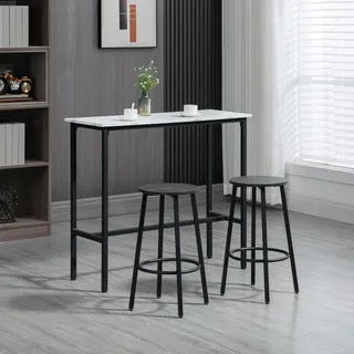 Bar-set Für 2 Personen, 1 Tisch Mit 2 Barhockern, Tischplatte In Weißer Marmoroptik, Stahlrahmen