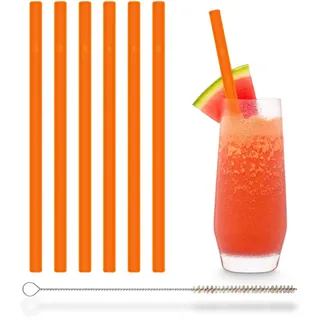HALM Neon Orange Glasstrohhalme 6 Stück 20 cm Strohhalme aus Glas in Orange für Kinder oder Party + plastikfreie Reinigungsbürste - Spülmaschinenfest & Nachhaltig - Glastrinkhalme