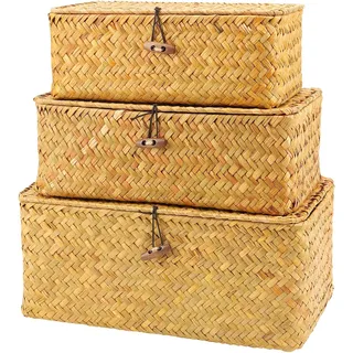 NGOSUET 3er Set Aufbewahrungskorb mit Deckel, Rattan Korb Set, Aufbewahrungskorb aus geflochtenem Rattan, Multifunktional Regalkörbe Seegras Korb für Wohnzimmer, Küche, Groß/Mittel/Klein