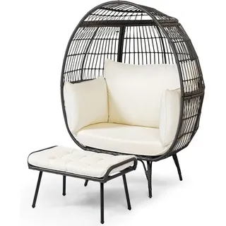 COSTWAY Gartensessel (2-St., mit Kissen und Hocker), Korbsessel Rattan mit Hocker, Kissen, 205kg beige