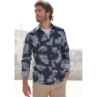 John Devin Hawaiihemd JOHN DEVIN "Regular Fit", Herren, Gr. M (39/40), N-Gr, blau (navy, creme), Web, Obermaterial: 100% Baumwolle, gemustert, casual, regular fit, Rundhals, Langarm Manschette, Hemden, Langarm, Freizeithemd mit Palmenprint aus reiner Baumwolle