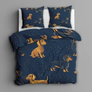 Generisch Bettwäsche 135x200 Dackel Dachshund - Schlafzimmer Deko Bettbezug 135 x 200 2tlg Süßer Hund Muster, 1 Kissenbezug 80x80, mit Reißverschluss, Weich Mikrofaser OD#105