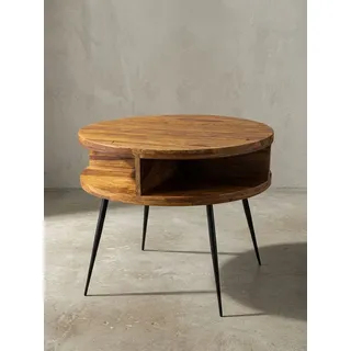 KADIMA DESIGN Couchtisch Runder Massivholz-Kaffeetisch mit 4 Ablagefächern, rustikaler Charme braun