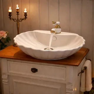 Muschel Waschbecken Vintage Aufsatz-Waschbecken Barock Stil in Muschelform 51,5B x 46.5T x15,5H cm reinweiße Sanitär-Keramik nanoversiegelt - Weiß