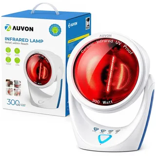 AUVON 300W Rotlichtlampe, Warmetherapie bei Erkaltung & Muskelverspannung, 290 W/m2 Infrarotlampe für Rucken Nacken Schulter Muskel, UV-Schutz Keramik-Glas, Stufenlos Schirm Verstellbar, 3-Stufe-Timer
