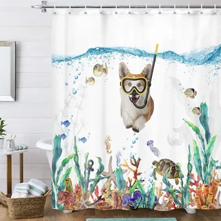 Uokiuki Funny Corgi Dog Fabric Shower Curtain Tropical Fish Coral Underwater Marine Life Shower Curtain for Bathroom, Dog Diving Bathroom Curtain with Hooks 72 x 84 Inch