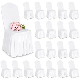 Showgeous 20 Stück Stuhlhussen Weiß Polyester Spandex Lycra Stretch Stuhlhussen mit Rock,Esszimmer Hochzeit Stuhlhussen Universelle Waschbare Stuhlhussen für Hochzeitsfeier Bankett Dekoration