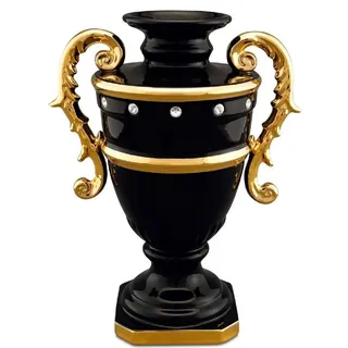 Casa Padrino Barock Vase Schwarz / Gold 26 x 18 x H. 36 cm - Prunkvolle Keramik Blumenvase mit Swarovski Kristallglas