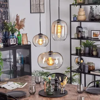 HOFSTEIN Hängeleuchte Apedo, 3-flammige Hängelampe aus Metall/Glas in Schwarz/Bernstein/Klar, moderne Pendelleuchte im Retro/Vintage-Design (Schirme Ø 20; 30 cm), E27, Esszimmer, Küche, Wohnzimmer