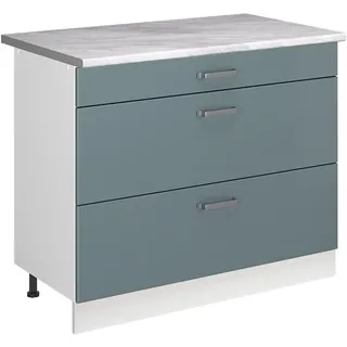 Vicco Küchenunterschrank R-Line, Blau-Grau/Weiß 100 cm | 3 Schubladen · Arbeitsplatte Marmor · Höhenverst. Füße · Metallgriffe · ✓ Frei kombinierbar