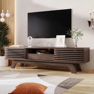 Merax Retro TV-Schrank Lowboard mit offene Ablage in Vintage-Holzoptik, 2 Schiebetüren 1 Schublade, für Fernseher bis 70 Zoll - Braun/Naturbelassen