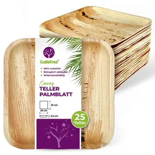 GoBeTree 25 Palmblatt Teller 25x25 cm Einweg Quadratisch, Elegant | Große steife Teller für Hauptgang, Hochzeiten, Grillfeste und Catering, mit Naturmaserung ähnlich Bambus