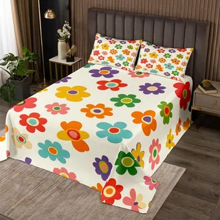 Homemissing Retro Blumen Tagesdecke 220x240cm Groovy Vintage Hippie Funky 70er Jahre Sonnenblumen Steppdecke Boho Bunte Blumen Wohndecke Doppelbett Gesteppt Bettüberwurf