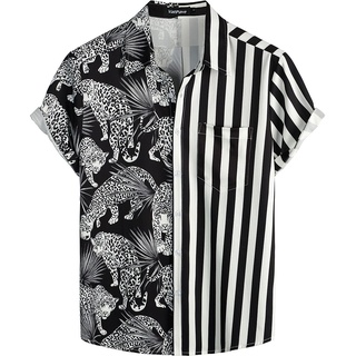 VATPAVE Herren Flamingo Hawaii Hemd Männer Freizeit Kurzarmhemd Sommer Strandhemd Blumen Hemden Klein Schwarz Leopard