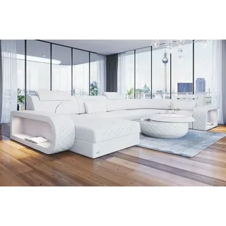 Sofa Dreams Wohnlandschaft Berlin U Form Mini Leder, Designersof, 6-Sitzer, LED-Beleuchtung, Couch, Kopfstützen, USB-Anschluss, Ottomane weiß