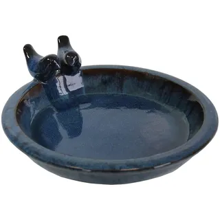 colourliving | Vogeltränke Winterfest rund 30 cm | Noble Keramik glasiert | Vogelbad mit 2 Deko Vögel | Vobelbecken Garten (antik-blau)