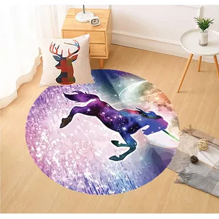 PEIHUODAN 3D Galaxis Einhorn Pferd Tier Muster Kinder Mädchen Baby Teppich Rund Schlafzimmer Kinderzimmer Dekorativ Kinderteppiche Wohnzimmer Teppiche Matten Modern Weichem Waschbar (120 cm,lila)