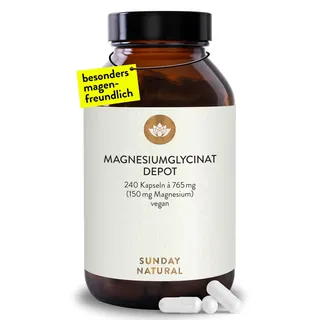 SUNDAY NATURAL® Magnesium Bisglycinat - 240 Kapseln - 300mg reines Magnesium pro Tagesdosis - Depot Magnesiumglycinat als organisches Aminosäurechelat - Laborgeprüft, vegan