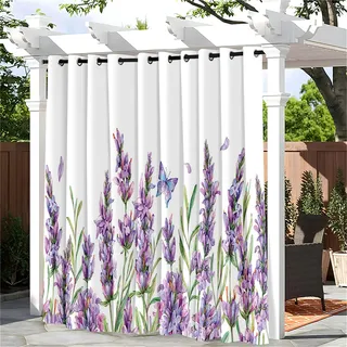 Hiseng wasserdichte Vorhänge Outdoor, 3D Lavendel Muster Outdoorvorhänge Blickdicht Verdunkelungsvorhang mit Ösen 1 Stück Sichtschutz Sonnenschutz Vorhang (180x213cm,Lila Schmetterling)
