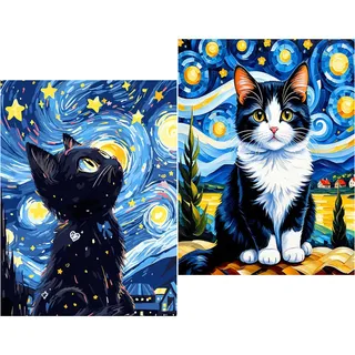 luckyarina 2 Stück Malen Nach Zahlen ab 5 6 7 Jahre Mädchen - Schwarze Katze Malen Nach Zahlen für Kinder, Tiere Paint by Numbers mit 3 Pinseln und Acrylfarbe zur Heimdekoration, Ohne Rahmen 30x40cm