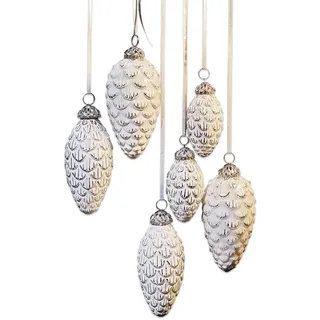 Loberon Weihnachtsschmuck 6er Set Éva, antikweiß | Tannenzapfen-Look, Bauernsilber & Feines Antik-Finish, Christbaumschmuck, Weihnachtsdeko, Weihnachten, Glas, Eisen
