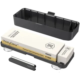 KozyGear | Premium Messer Schleifstein | doppelseitige Schleifsteine aus Korund 1000/6000 | Große Schleiffläche 21cm x 7cm | Wasserablaufender | rutschfester Steinhalter | Schleifhilfe | 6KGZ-21060W