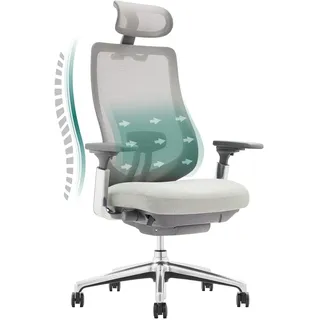 COLAMY XK Atlas Ergonomischer Netz-Bürostuhl, Chefsessel mit hoher Rückenlehne, Verstellbarer Kopfstütze und 4D-Armen, Schiebesitz, Kippsperre, Aluminium-Basis, Hellgrau