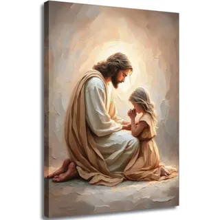 Kunstdruck auf Leinwand, Motiv: Jesus betend mit Mädchen, christliche Gemälde, Jesus mit Kindern, Wanddekoration, religiöse Bibelgeschichte, Poster, Drucke für Wohnzimmer, Schlafzimmer, Kirche,