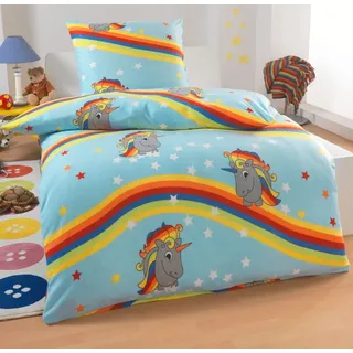 DreamHome 2 teilige Kinder Warme Kuschel Fleece Bettwäsche 135x200 + Kissenhülle 80x80 Einhorn Feuerwehrmann Pferd Pinguin, Designe:Einhorn-Regenbogen