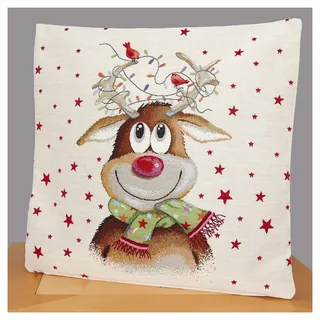 atelier alles-Spitze Festliche Gobelin-Kissenhülle Rentier mit Lichterkette | Langlebiges Dekokissen mit beidseitigem Motiv und verdecktem Reißverschluss | Größe 45 x 45 cm