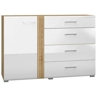 Lomadox Kommode AKRON-131, Sideboard in Eiche Nb. mit weiß Hochglanz, B/H/T: 134/90/42 cm weiß