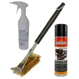Grillfürst Grillbürste für Gusseisenroste mit Messingborsten und Schaber, Gusseisen Pflegespray Grillreiniger