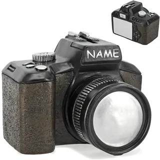 alles-meine.de GmbH XL Spardose - Kamera/Fotoapparat/Spiegelreflexkamera - SCHWARZ - incl. Name - mit Schlüssel & Schloß - stabile Sparbüchse aus Porzellan/Keramik - Sp..