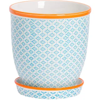 Nicola Spring Handbedruckter Blumentopf mit Untersetzer – Blau | 20,5cm Steingut-Pflanztopf für Zimmerpflanzen, Sukkulenten, Kräuter & Gartenblumen Dekorativer Übertopf