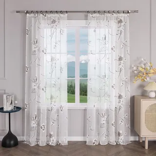 Delien Voile Ausbrenner Gardine mit Kräuselband Blumen B140 x H225 cm, Weiß