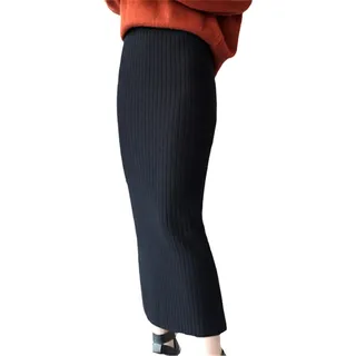 wkd-thvb Herbst Winter Wollröcke Schlanker Gürtel Büro Lang Midi Rock Bleistiftrock Gestrickter Wollrock Schwarz, Schwarz , 48 - XL