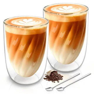 SILRIVES Latte Macchiato Gläser Doppelwandig 350ml 2er Doppelwandige Kaffeegläser Teegläser mit 2 Löffeln Borosilikatglas Thermogläser Doppelwandig für Cappuccino Eiskaffee Espresso Tee Milch Bier