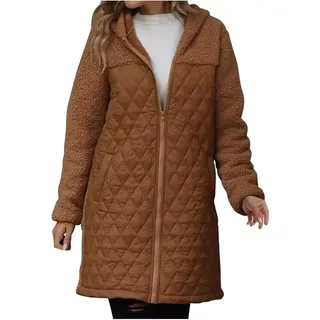 ASKSA Damen Mantel Winter Fleecejacke Lang Warm Wintermantel Daunenmantel Patchwork Winterjacke Waermemantel mit Kapuze (Braun,XL) - Braun - XL
