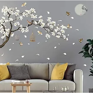 XXL wandtattoo kirschblüte, wandtattoo baum vögel Wandtattoo bäume weiße Blüten wanddeko kinderzimmer, Wandtattoos Schlafzimmer Wandaufkleber wohnzimmer Sofa Hintergrund Wandtattoos 187x128cm