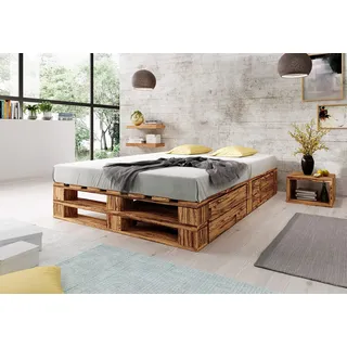 Lermowood Palettenbett M2 aus Holz 160 x 200 cm Geflammt mit Lattenrost und 2 Bettkästen Holzbett 30cm Stabiles Seniorenbett Kinderbett Jugendbett Gästebett erhöhtes Bettgestell Futonbett Komforthöhe