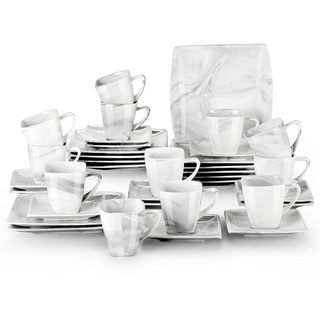 MALACASA, Serie Blance, 36 TLG. Set Marmor Porzellan Kaffeeservice Teeservice Geschirr, mit 12 Stück Kuchenteller, 12 Stück 180ml Tasse und 12 Stück Untertasse für 12 Personen