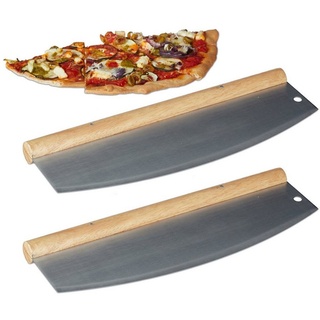 relaxdays Pizzaschneider 2 x Pizza Wiegemesser aus Edelstahl braun|silberfarben
