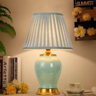 Handbemalte glasierte Keramik-Tischlampe Stil Retro-Porzellan-Schlafzimmer-Nachttischlampe mit Stoff Tischleuchte Lampenschirm Schreibtischlampe für Schlafzimmer Beistelltisch Büro-Nachtlampe