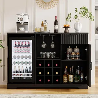 BROTTAR Barschrank mit Kühlschrank inklusive - Weinbar mit Gläserhalter Weinregal Schublade und Stauraum im Riffeldesign - Schwarz